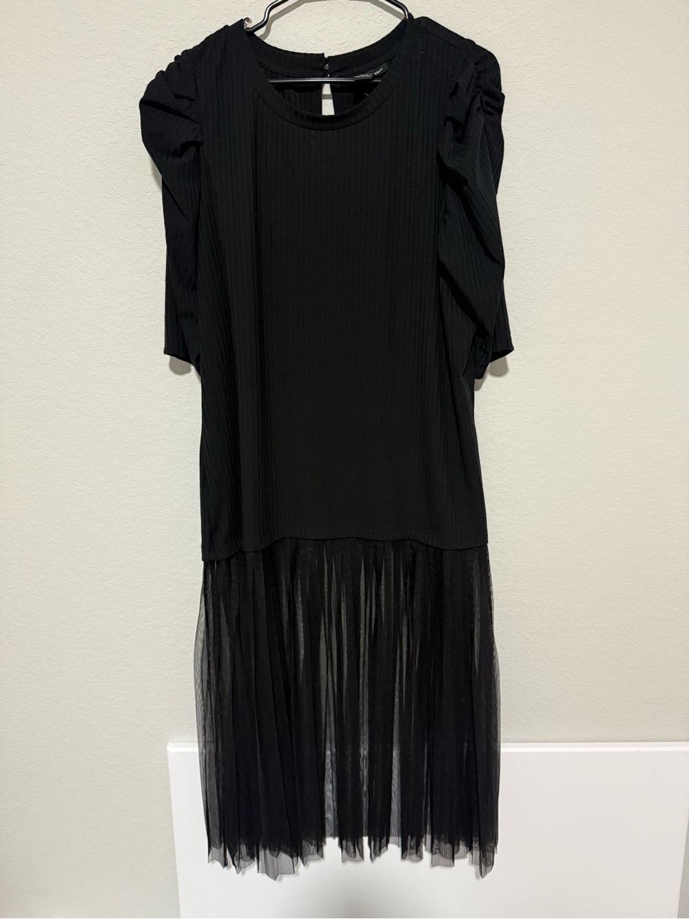 Ashley Stewart Black Puff Sleeve Dress with Tulle Hem